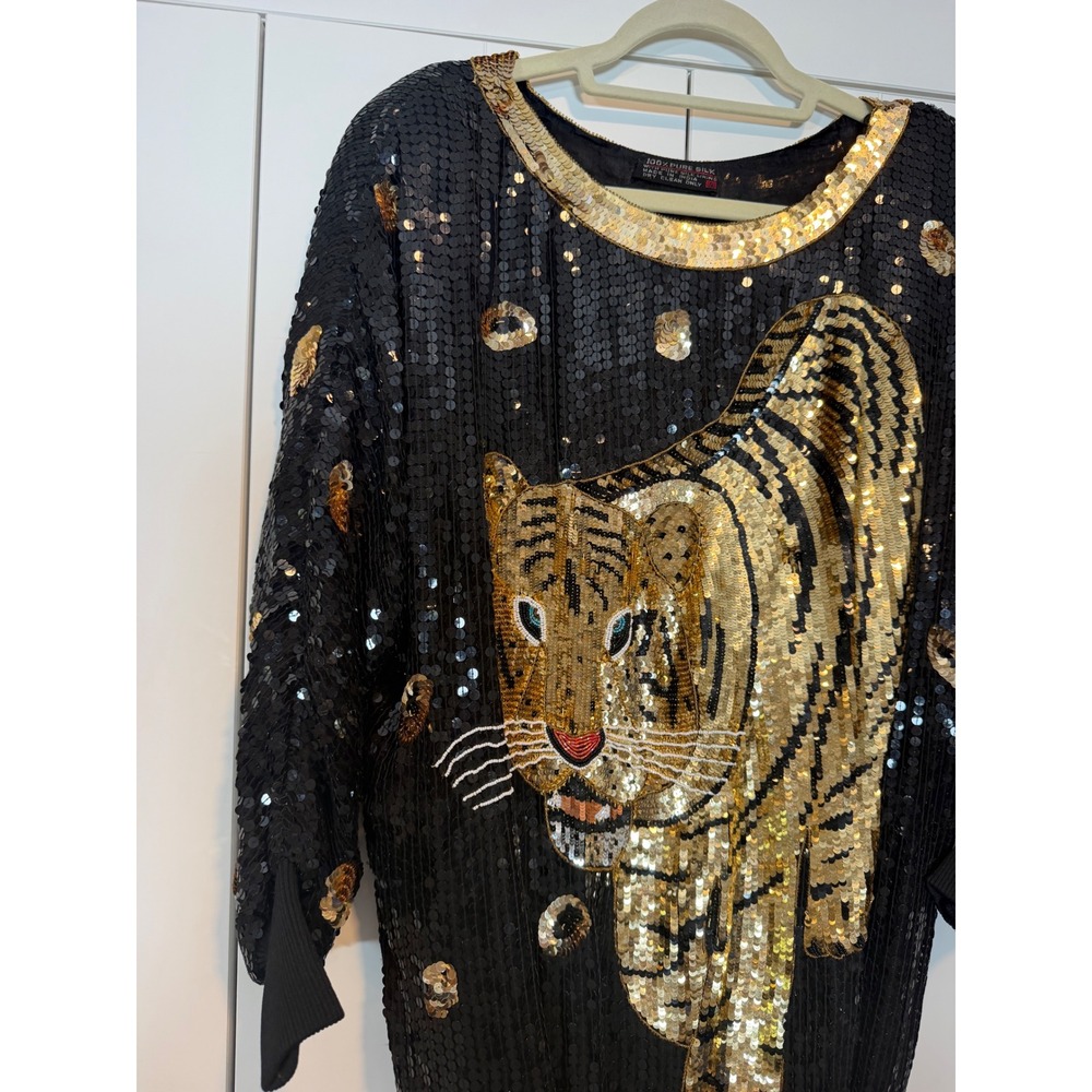 Rare Vintage 80s 100% Silk Sequin Tiger Mini Dress Black Gold Beaded Dolman Sz S - Picture 2 of 10